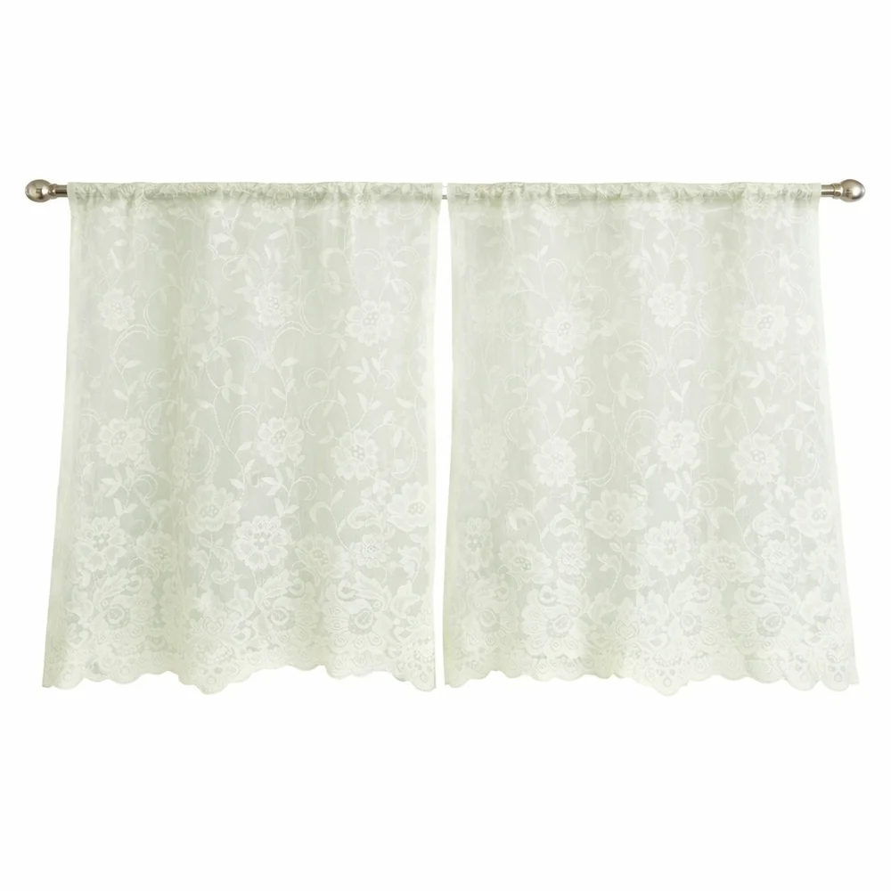 Vintage White Lace Curtain Panel Floral Sheer 57” x 34” Cottage Core. Set Of 3